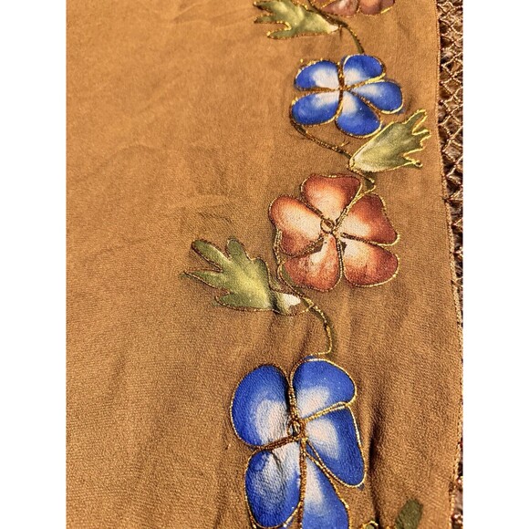 SHAWL BIKINI COVER UP FRINGE SHEER BROWN BEADS HAND PAINTED SCARF SURFACE VTG - Picture 5 of 9